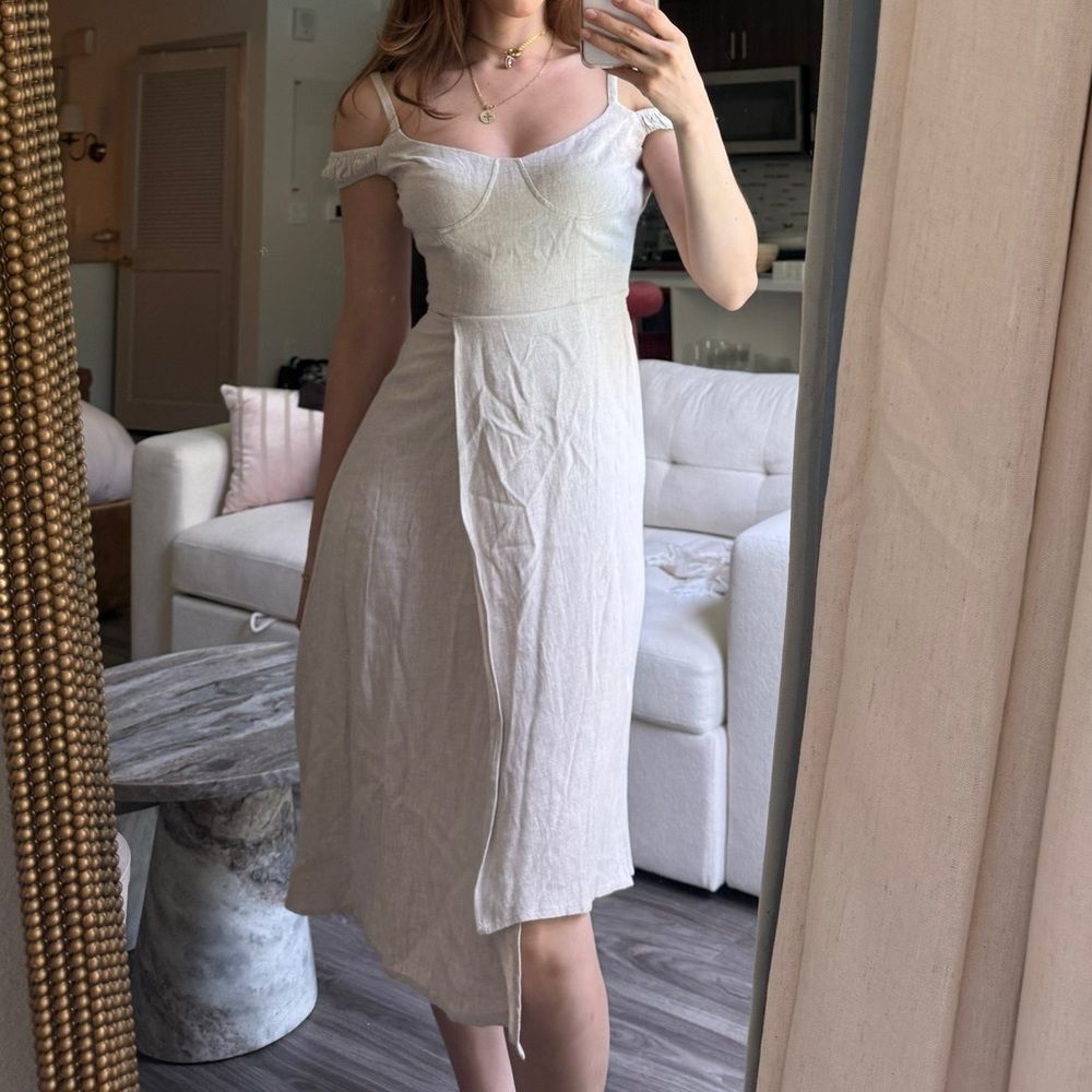 Emory Park linen blend beige structured cups bodice off the shoulder dress S